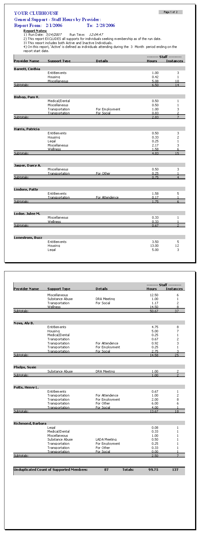 General Supports Grouped by Provider report